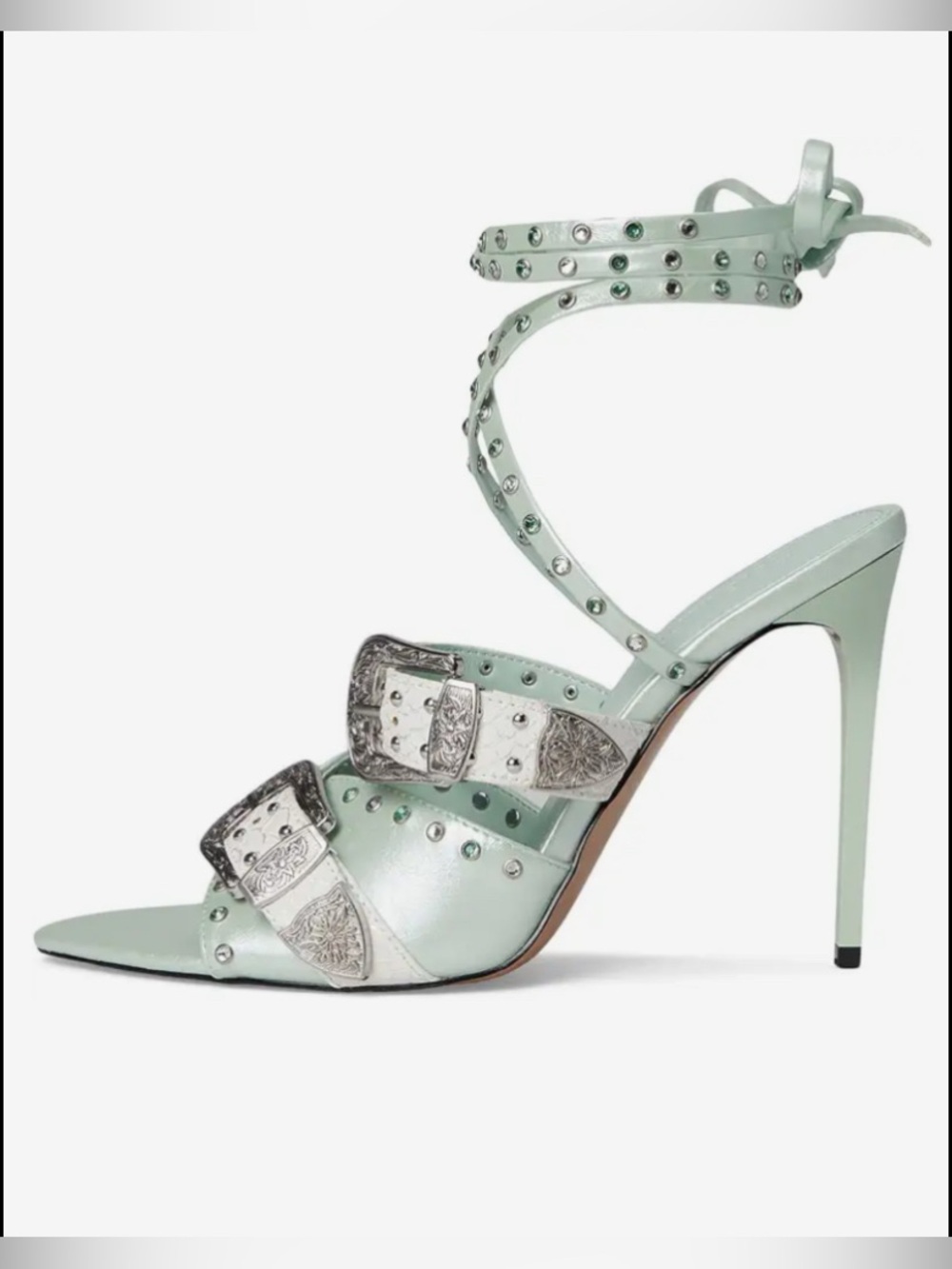 NEW STEVE MADDEN STUDDED METAL BUCKLE ANKLE WRAP STILETTOS IN MINT - Picture 2 of 15